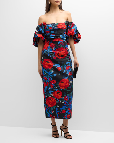 Shop Lela Rose Floral Print Midi Dress With Puff Sleeves In Black Multi