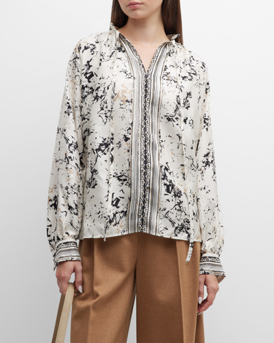 Shop Max Mara Ardenne Floral Print Blouse With Tie Neck In Kaki