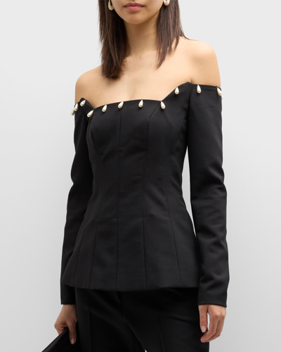 Shop Lela Rose Pearlescent-beaded Off-the-shoulder Long-sleeve Bustier Top In Black