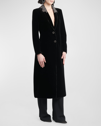 Shop Giorgio Armani Strass Embroidered Stretch Velvet Maxi Coat In Black