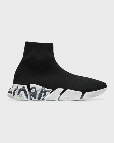 Shop Balenciaga Men's Speed 2.0 Lt Graffiti Logo Knit Sneakers In 1091 Black/white