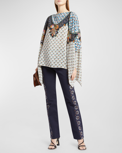Shop Etro Combo Micro Floral-print Silk Poncho In Blue