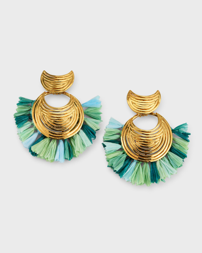 Shop Gas Bijoux Mini Luna Wave Drop Raffia Earrings, Brown-gold In Varied Turquoise