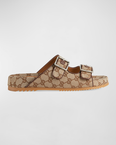 Shop Gucci Men's Sideline Monogram Slide Sandals In Beige Multi