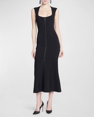 Shop Giorgio Armani Scoop-neck Sleeveless Zip-front Knit Midi Dress In Solid Black