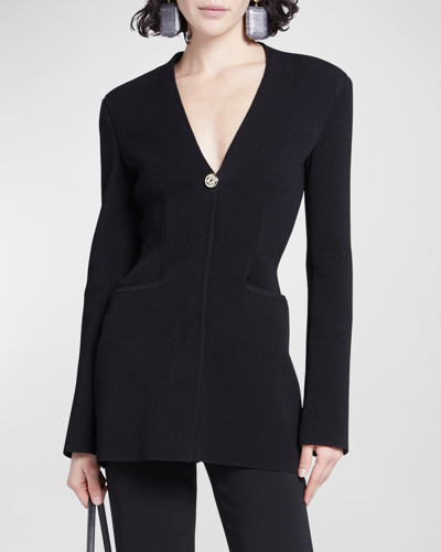 Shop Giorgio Armani Collarless Single-breasted Viscose Jacket In Solid Black
