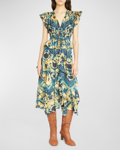 Shop Ulla Johnson Avia Printed Silk Tiered Midi Dress In Constellation