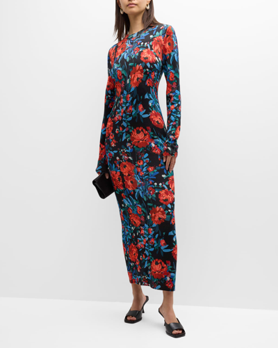 Shop Lela Rose Floral Print Midi Dress In Black Multi