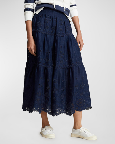 Shop Polo Ralph Lauren Eyelet-embroidered Tiered Linen Skirt In Newport Navy