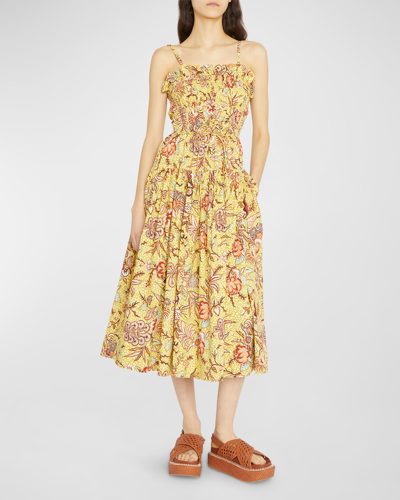 Shop Ulla Johnson Lisbet Pleated Cotton Poplin Midi Dress In Calla Lily