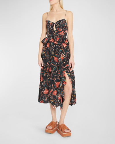 Shop Ulla Johnson Renata Floral Silk Midi Dress In Obsidian