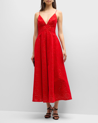 Shop Lela Rose Eyelet Embroidered Midi Dress With Pockets In Red