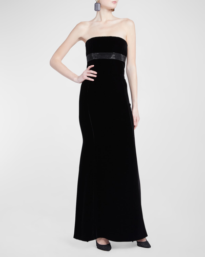 Shop Giorgio Armani Strapless Strass Embellished Velvet Trumpet Gown In Solid Black