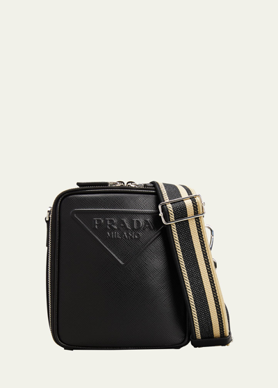 Shop Prada Men's Saffiano Leather Shoulder Crossbody Bag In Nero