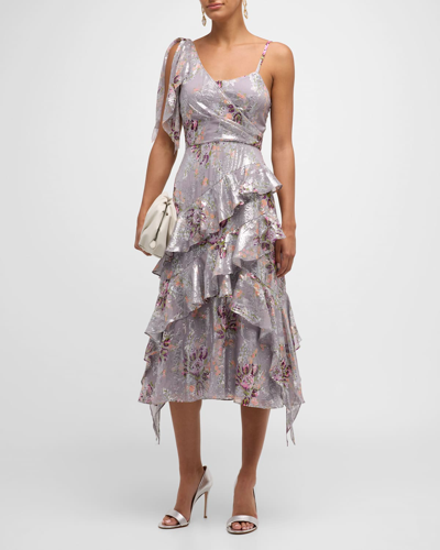 Shop Cinq À Sept Trevor Sequin Embroidery Tiered-ruffle Midi Dress In Grey Multi
