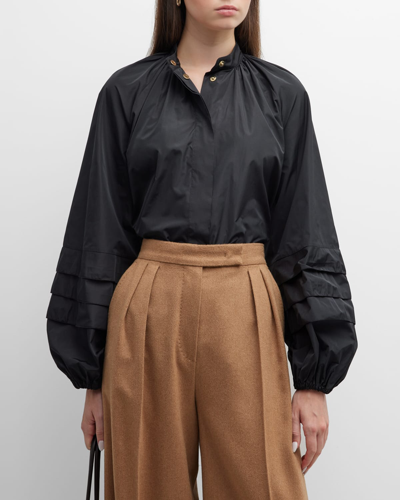 Shop Max Mara Marco Tiered Pleat Blouson-sleeve Collared Blouse In Black