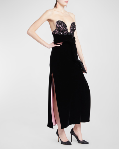 Shop Giorgio Armani Crystal Lace Bustier Cowl-back Slits Velvet Gown In Black