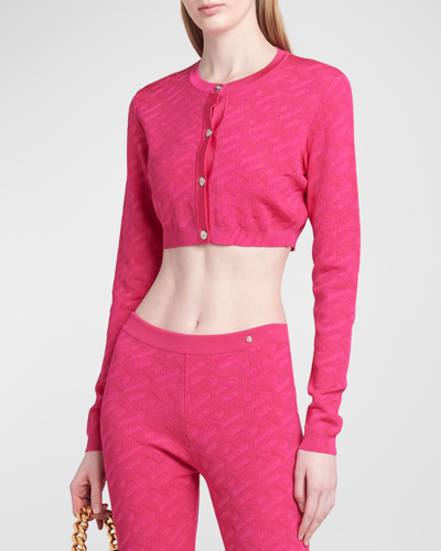 Shop Versace La Vacanza Monogram Knit Crop Cardigan In Hot Pink
