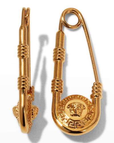 Shop Versace Men's Safety Pin Drop Earrings In Gold