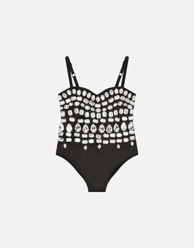 Shop Dolce & Gabbana Stretch Satin Bodysuit With Fusible Rhinestones In マルチカラー