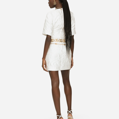 Shop Dolce & Gabbana Short Brocade Dress With Belt In White