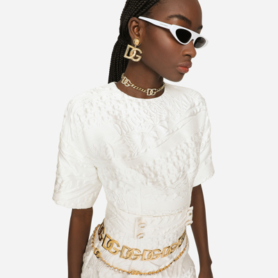 Shop Dolce & Gabbana Short Brocade Dress With Belt In White
