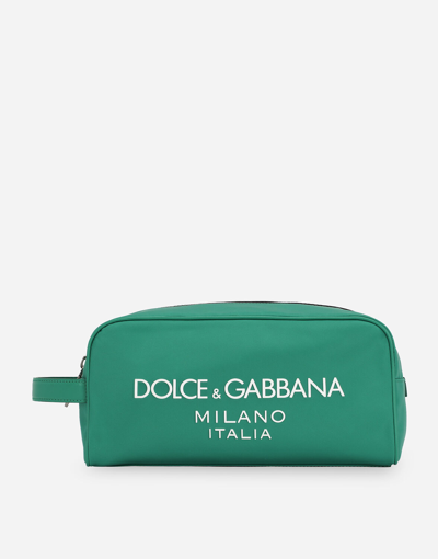 Shop Dolce & Gabbana Nylon Toiletry Bag With Rubberized Logo In Green