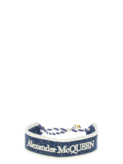 Shop Alexander Mcqueen Logo Embroidered Skull Bracelet In Blue
