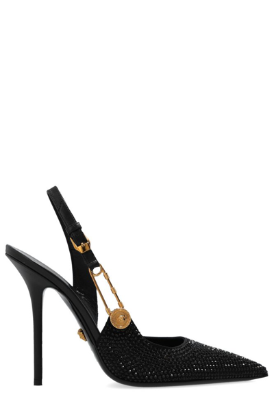 Shop Versace Safety Pin Detailed Pointed Toe Pumps In Black