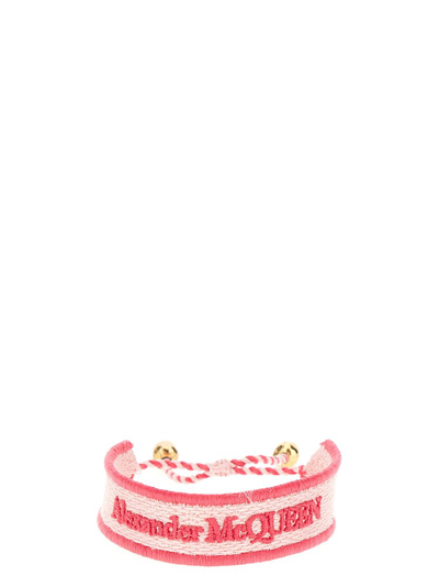 Shop Alexander Mcqueen Logo Embroidered Skull Bracelet In Pink