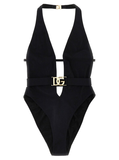 Shop Dolce & Gabbana Dg Plaque One Piece Swimsuit In Black