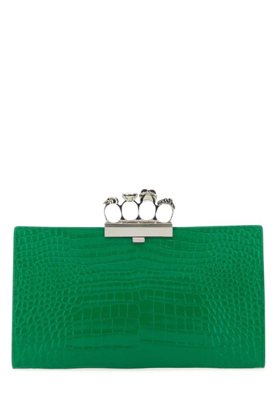 Shop Alexander Mcqueen Jewelled Embossed Embellished Clutch Bag In Green