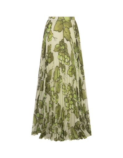 Shop Etro Long Pleated Skirt With Berries Print In Green
