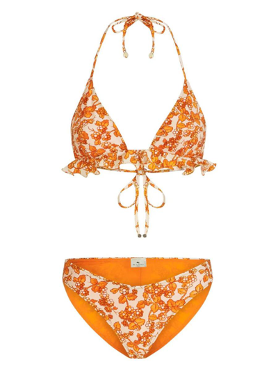 Etro Triangle Bikini With Ruffles And Orange Berries Pattern In Orange