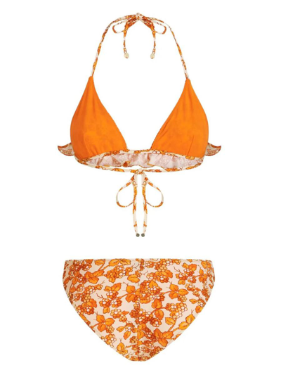 Shop Etro Triangle Bikini With Ruffles And Berries Pattern In Orange