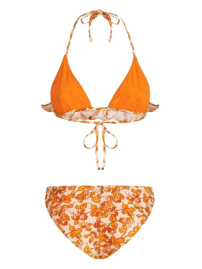 Etro Triangle Bikini With Ruffles And Orange Berries Pattern In Orange