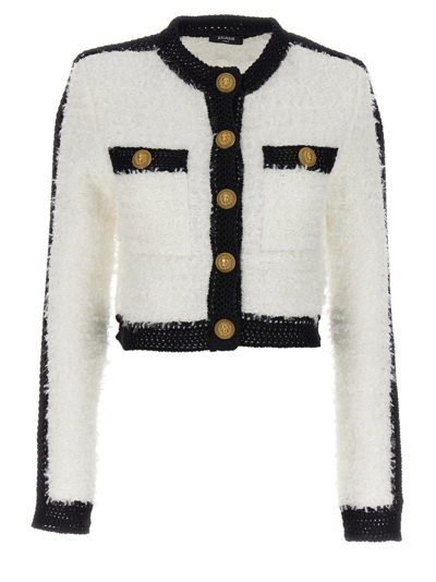 Shop Balmain Buttoned Cropped Tweed Jacket In White