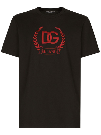 Shop Dolce & Gabbana Embroidered-logo Cotton T-shirt In Black