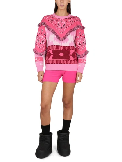 Shop Alanui Jacquard Sweater With Icon Patches In Pink