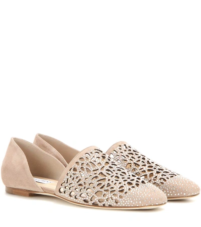 Jimmy Choo Globe Flat Ballet Pink Laser Perforated Suede Flats With Hotfix Crystals In Ballet Pink Mix