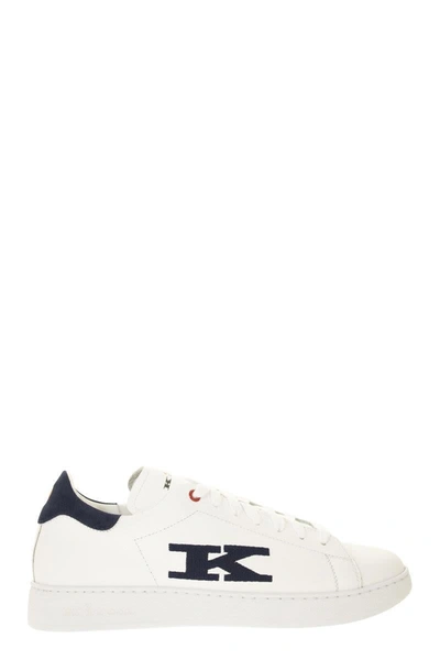 Shop Kiton Leather Sneakers In White/blue