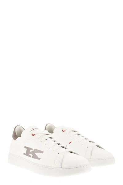 Shop Kiton Leather Sneakers With Logo In White/beige
