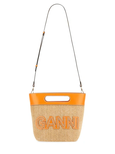 Shop Ganni Kraft Raffia Small Tote Bag In Orange