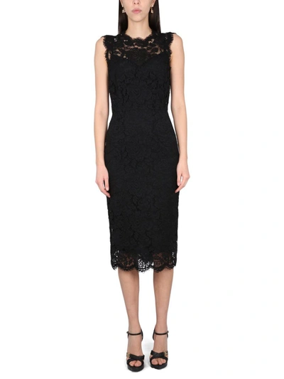 Shop Dolce & Gabbana Lace Longuette Dress In Black