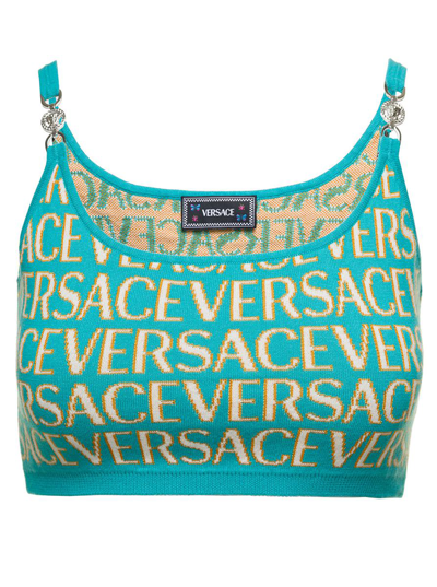 Shop Versace Light Blue Crop Top With All-over Logo Lettering And Medusa Detail In Cotton Blend Woman