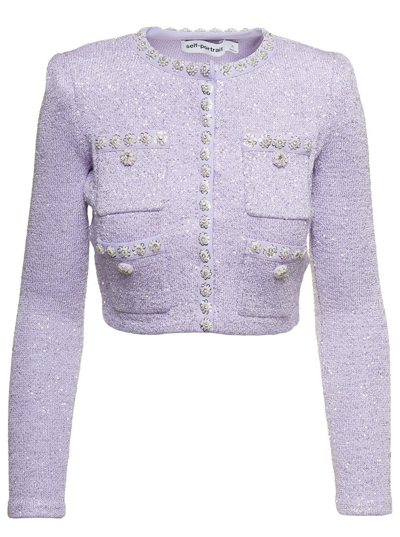 Shop Self-portrait Liliac Short Knit Cardigan With All-over Paillettes And Jewel Buttons In Cotton Blend Woman In Violet
