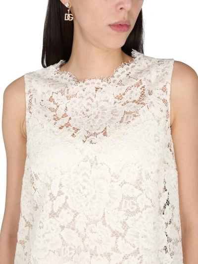 Shop Dolce & Gabbana Logoed Stretch Lace Top In White