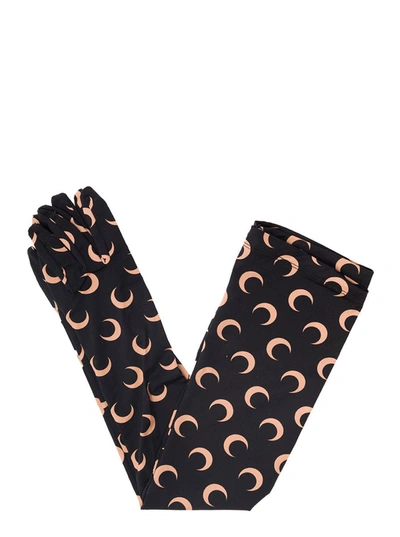 Shop Marine Serre Long Beige And Black Gloves With All-over Moonogram In Recycled Stretch Polyamide Woman