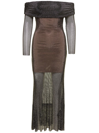 Shop Self-portrait Long Black Off-the-shoulders Dress With All-over Rhinestone In Fishnet Woman