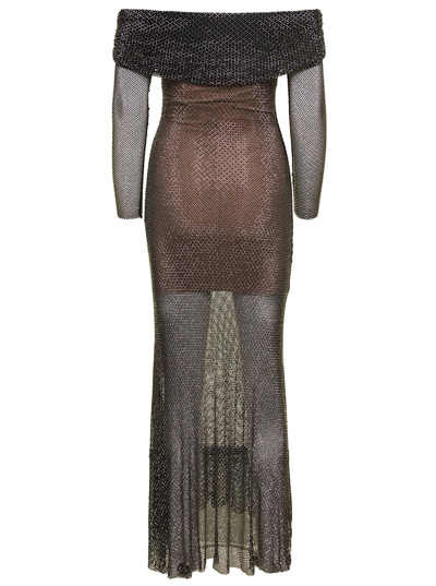 Shop Self-portrait Long Black Off-the-shoulders Dress With All-over Rhinestone In Fishnet Woman